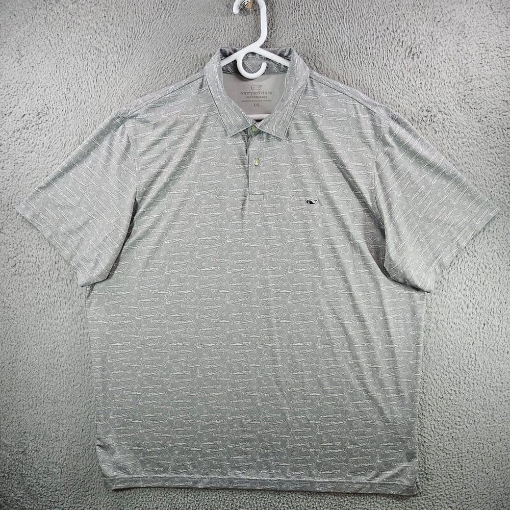 Vineyard Vines Performance Polo Mens XXL Gray Fish Skeleton Print Golf Shirt